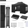A collage showing the components of a black pop-up tent, including the frame, fabric sides, roof, ropes, stakes, and a carrying bag. Voir les images du produit