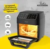 A black air fryer oven is shown with text overlays highlighting its features and specifications. Produktbild-Vorschau