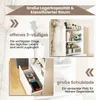 Collage of images showcasing a white bookshelf with open shelves and a drawer, highlighting storage capacity and accessibility. Produktbild-Vorschau