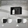 A black recessed shelf in a bathroom setting, with a soap dispenser and razor inside. Below are close-up diagrams of the shelf's construction and material options. Podgląd zdjęcia produktu