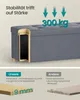 A cutaway view of a storage bench highlighting its construction and load-bearing capacity, with comparative material thickness shown below. Produktbild-Vorschau