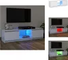 A collage of images showing a white TV stand with LED lighting in different colors. Produktbild-Vorschau