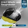 A robot vacuum cleaner with a yellow mop pad is shown in action, with stylized air currents indicating suction and cleaning. Produktbild-Vorschau