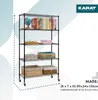 A black metal shelving unit with five shelves, filled with books and storage baskets. The unit is on wheels. Náhled obrázku produktu