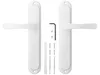 Two white door handles with silver accents and accompanying hardware are laid out on a white background. Produktbild-Vorschau