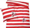 A bedding set with red and white stripes and a team logo. Produktbild-Vorschau