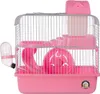 A pink hamster cage with accessories, including a water bottle, wheel, and platforms, is shown against a white background. Náhľad obrázku produktu