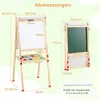A diagram showing the dimensions of a wooden easel with a whiteboard and chalkboard. Produktbild-Vorschau