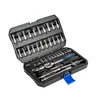 A black plastic toolbox containing a set of silver metal tools, including a ratchet and various sockets and bits. Produktbild-Vorschau