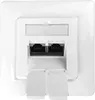 A close-up view of the back of a white network wall socket with two RJ45 ports and protective flaps. Produktbild-Vorschau