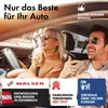 A couple is smiling and enjoying a car ride, with marketing text and logos overlaid. Produktbild-Vorschau