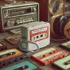 A collection of retro cassette tapes and a retro radio, with an AirPods Pro case designed to look like a cassette tape in the foreground. Produktbild-Vorschau