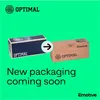 Two boxes are shown, representing a change in packaging. The first box is dark blue with white text and a circular logo. The second box is brown cardboard with black text and a logo. An arrow points from the first box to the second. Text below reads 'New p Produktbild-Vorschau