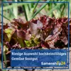 A close-up of red lettuce growing in soil, with a blue overlay at the bottom containing text and a logo. Produktbild-Vorschau