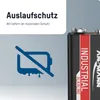 A battery with marketing text and an icon indicating leak protection. Anteprima dell’immagine prodotto