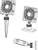 Three different views of a solar-powered ventilation fan system, one with a stake for ground insertion, one with a base for surface mounting, and a close-up of the adjustable joint. Produktbild-Vorschau