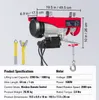 A red electric hoist with dimensions and specifications displayed. Voir les images du produit