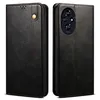 A black leather wallet-style phone case is shown from the front and back. Produktbild-Vorschau
