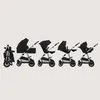 A series of images showing a stroller in different configurations, from folded to fully assembled with different attachments. Produktbild-Vorschau