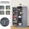 A gray pantry cabinet with its doors open, displaying various food items and kitchenware on its adjustable shelves. The left side of the image shows diagrams illustrating the adjustable shelves. Produktbild-Vorschau