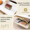 Collage of images showing a coffee table with marble-like top and gold frame, highlighting its features. Produktbild-Vorschau