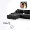 A dark gray sectional sofa is shown with two children in a small inset image at the top. Text and icons are present at the bottom left, highlighting product features. Náhled obrázku produktu