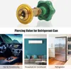 A collage showing a piercing valve for refrigerant cans, a car's interior air conditioning system, a household air conditioner, and a refrigerator. Podgląd zdjęcia produktu