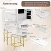 A diagram showing the dimensions of a white vanity table with gold legs and a stool, along with separate drawer dimensions. Voir les images du produit