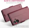 A close-up view of a red leather phone case, with text overlays highlighting its features. Produktbild-Vorschau