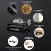 A collage of images showcasing the ATOMSTACK R3 PRO Rotationswalze and its features, including different cylinder sizes, engraving examples on a surfboard and wood panel, and connection/usage information. Náhled obrázku produktu