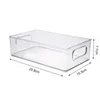 A clear, studio shot of a transparent storage bin with dimensions indicated. Produktbild-Vorschau