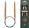 A pair of wooden circular knitting needles with a black cable, shown with their packaging. Produktbild-Vorschau