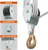 A pulley system with a hook, shown with close-ups of its components and features. Náhľad obrázku produktu