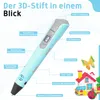 A diagram of a 3D pen with labels pointing to its various parts, along with small illustrations of a house and a butterfly. Anteprima dell’immagine prodotto
