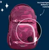 A pink and purple patterned backpack with reflective material highlighted by a white circle. Anteprima dell’immagine prodotto