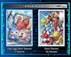 Two different sets of Digimon-themed card sleeves are displayed against a blue and black digital-themed background. Produktbild-Vorschau