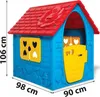 A blue plastic playhouse with a red roof and yellow door and windows, with dimensions indicated by text. Náhľad obrázku produktu