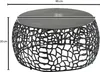 A black, round coffee table with an intricate, organic base is shown with dimensions indicated. Anteprima dell’immagine prodotto