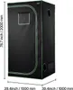 A black grow tent with green trim and dimensions indicated by text overlays. Produktbild-Vorschau