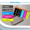 A collection of printer ink cartridges displayed next to a cardboard box, with a list of included items on the left. Produktbild-Vorschau