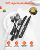 A set of black cutlery arranged on a white napkin on a white plate, with marketing text and icons at the bottom. Náhled obrázku produktu