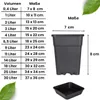 A size chart for plastic plant pots, showing volume and dimensions, alongside an image of a black plastic pot and a saucer. Produktbild-Vorschau