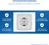 A product image showcasing a white electrical socket with protective features, surrounded by marketing text and icons. Anteprima dell’immagine prodotto