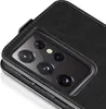 A close-up view of the back of a smartphone with a black leather flip case. Produktbild-Vorschau