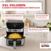 A Grafner digital air fryer is shown on a kitchen counter, filled with french fries. Text overlays highlight its features. Produktbild-Vorschau