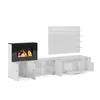A white modern media console with a black fireplace insert, and wall-mounted shelves above. Voir les images du produit