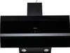A black kitchen range hood with a silver accent strip and a black chimney extension, set against a white background. Produktbild-Vorschau