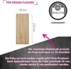 A product image showcasing a wooden plank-like sticker for large areas, with dimensions and application information. Produktbild-Vorschau