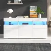 A modern white sideboard with blue LED lighting is displayed in a living room setting. Produktbild-Vorschau