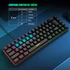 A close-up, angled view of a black gaming keyboard with RGB lighting, set against a dark blue and light blue background with glowing lines. A table showing compound key functions is visible in the top left. Produktbild-Vorschau
